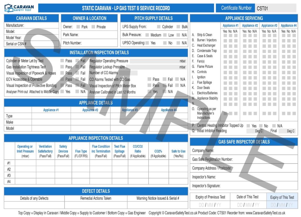 Reliable LPG Gas Test Forms For Static Caravan CST01