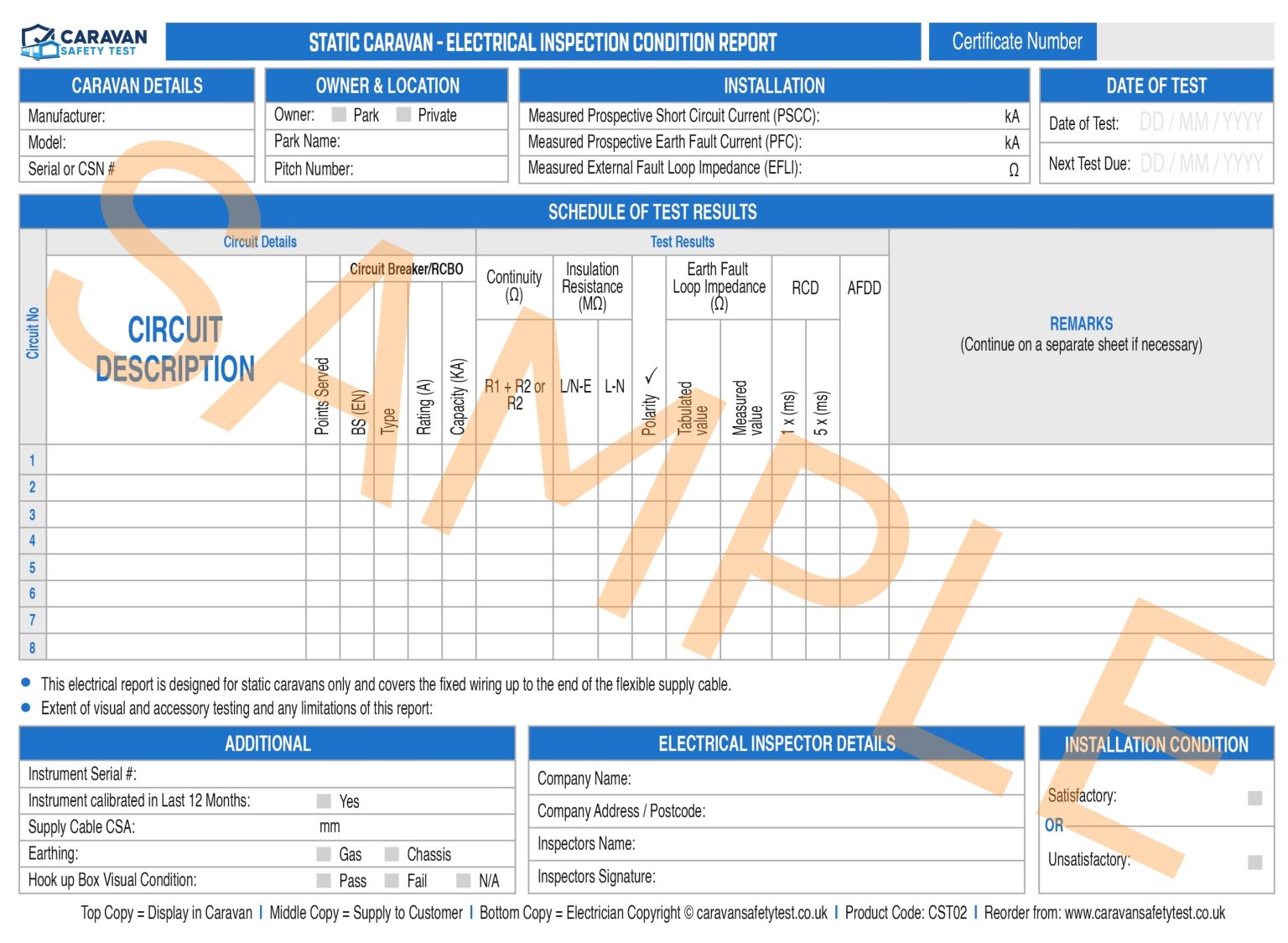 Electrical Test Forms | EICR Test Forms | Static Caravan Electrical Test Forms