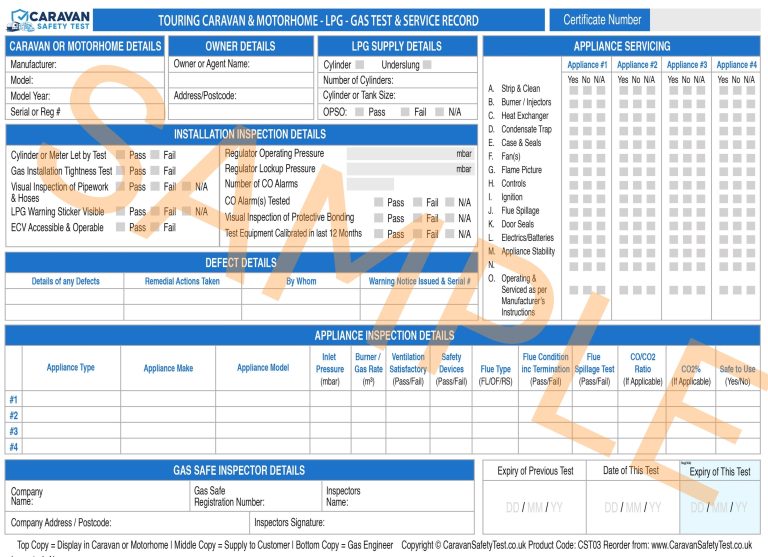 touring caravan safety gas test forms pads Caravan Safety Test