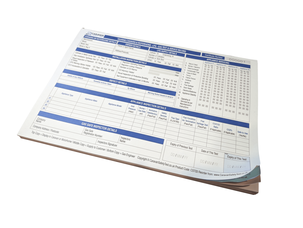 touring caravan safety gas test forms pads Caravan Safety Test
